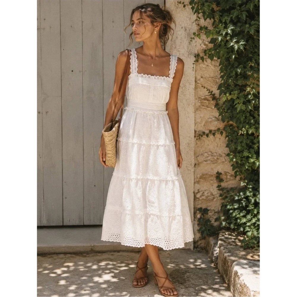 Gap x DÔEN Eyelet Button Front Midi Dress White Size L Cottagecore